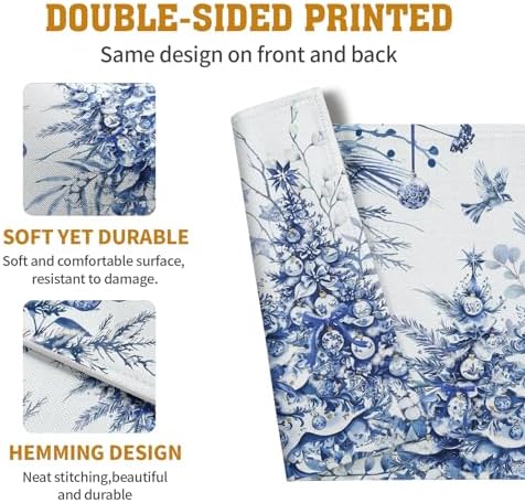 Blue and White Christmas Tree Placemats Set of 4, 12x18 Inch Chinoiserie Xmas Place Mats Winter Holiday Washable Linen Table Mats for Party Kitchen Dining Outdoor Indoor Decor