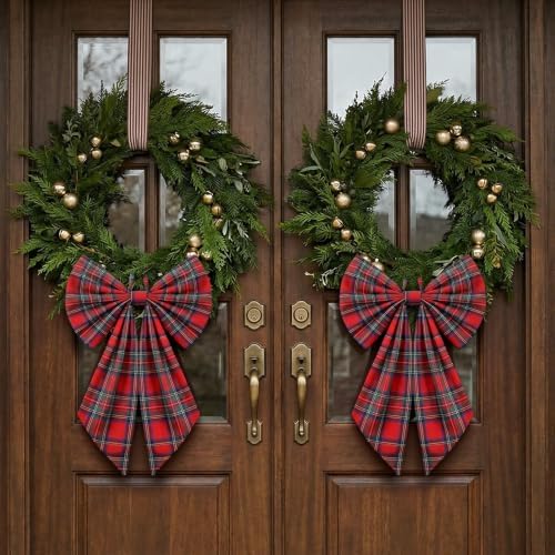 Suncalla 2 Pcs Red Green Christmas Tartan Plaid Wreath Bows 18'' x 12''