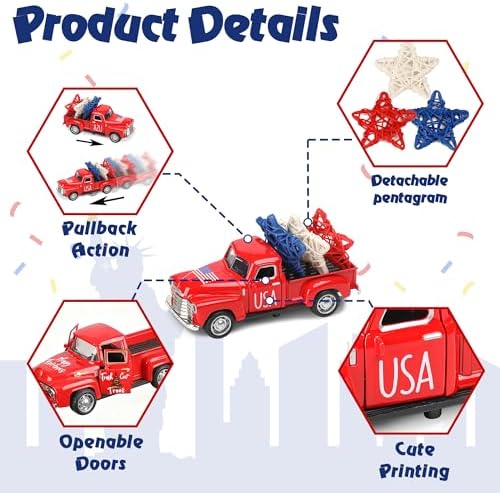 4th of July Truck Decorations - Farmhouse Metal Truck Car Decor with Stars Decorations, Patriotic Centerpieces for Tables - Lndependence Day Memorial Day Red White and Blue Tiered Tray Decor