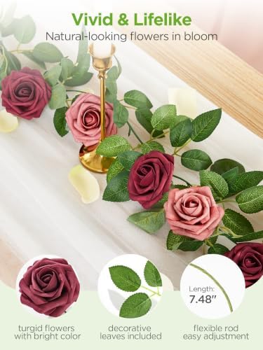 InnoGear Artificial Flowers, 50 Pcs Burgundy Foam Fake Roses Bulk with Stems for Decoration DIY Wedding Bouquets Centerpieces Bridal Shower Party Christmas Tree