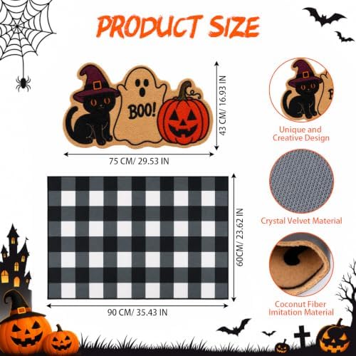 2 Pcs Halloween Welcome Door Mat-Black Cat Ghost Pumpkin Coir Door Mat Set