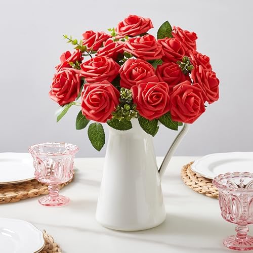 16 Pcs Artificial Flowers, Red Fake Roses with Stems