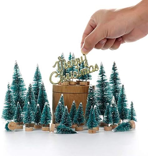 Orgrimmar 24 PCS Artificial Mini Christmas Trees Snow Frost Ornaments Bottle Brush Trees with Wooden Bases for Christmas Home Party Decoration, 6 Sizes