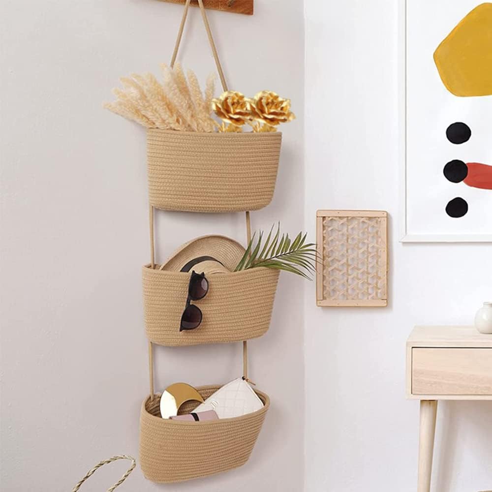 3-Tier Woven Cotton Wall-Mounted Storage Organizer Bag Decorative Hanging Nursery / Jute