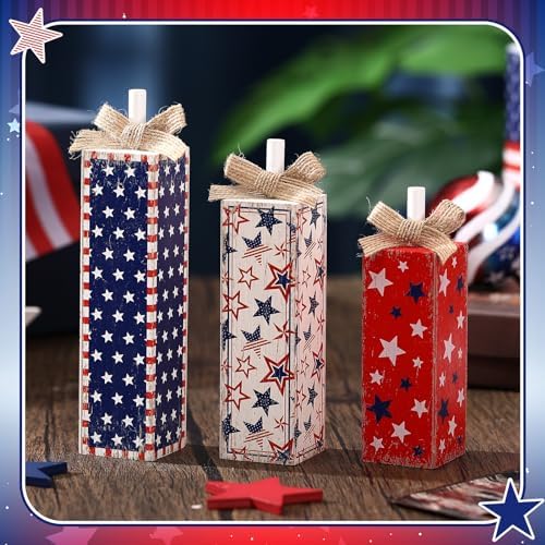 Redbaker 3 Pcs 4th of July Wood Star Sign, Red White Blue Table Decor