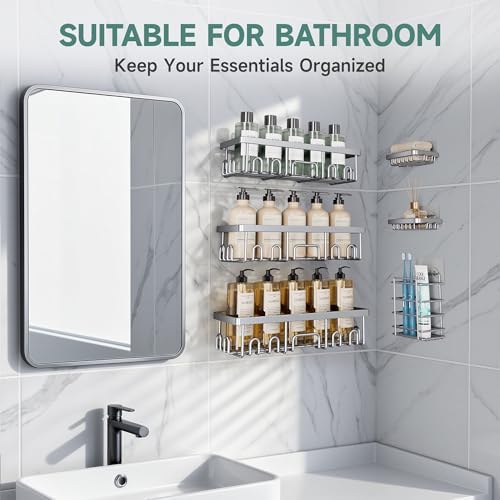 Veken Shower Caddy 6-Pack, No Drilling & Rustproof, Waterproof Adhesive Shelves Rack with Soap Holder, Large Capacity