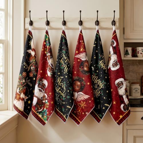 Redbaker 6 Pcs Christmas Kitchen Towels, Black Santa Claus Funny Dish Towel, Xmas Angel Absorbent Fast Drying Tea Dishcloth with Hanging Loop for Kitchen Bathroom Home Housewarming Gift