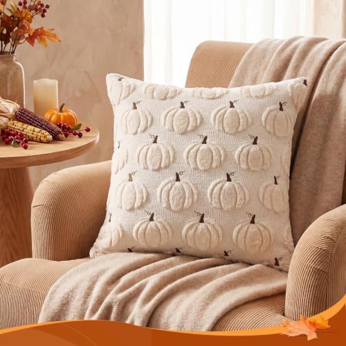 Fall Beige Pillow Covers 18x18 Set of 2 Double-Sided Pumpkin Plush