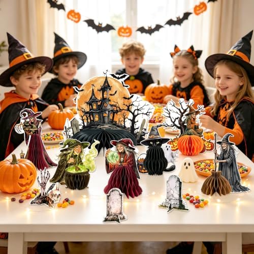 PAPER JAZZ Halloween Honeycomb Table Centerpieces, 9 Pcs Spooky Witch Halloween Decor with Haunted House Tombstone Skeleton Decorations, Halloween Party Desktop Ornaments for Indoor Home Dinner Table