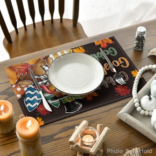 Artoid Mode Black Gobble Turkey Maple Leaves Thanksgiving Placemats Set of 4, 12x18 Inch Fall Harvest Table Mats for Party Kitchen Dining Decoration