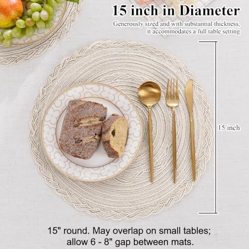 SHACOS Boho Round Placemats Set of 8 Braided Border Round Place Mats 15 inch Washable Dining Table Mats for Home Wedding Holiday Party (Ivory Bordered, 8)