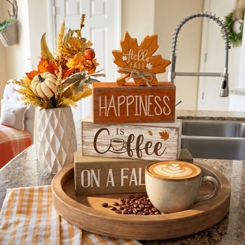 Lineshading 4 Pcs Fall Table Decor Maple Leaf Coffee Sign, Wood Block Set