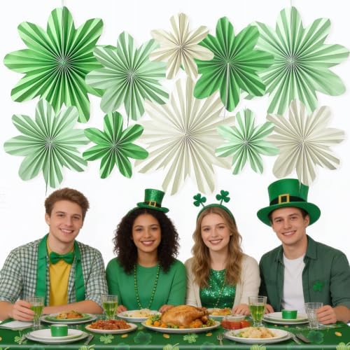Green Paper Flower Sage Green White Paper Hanging Fans for Wall(10Pcs)