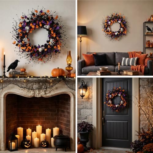 zjlmit Halloween Wreath 24 Inch Halloweeen Wreaths for Front Door Handmade Skull Wreaths with White Skeleton Hand Black Eucalyptus Leaves Orange Berries for Window Porch Indoor Party Holiday Wall Home