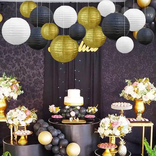 BEISHIDA Black Gold Paper Lanterns 16Pcs 6/8/10 Inch Round Chinese Lamp