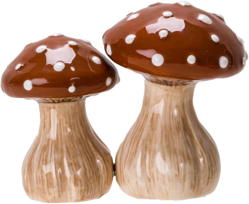 Ceramic Autumn Harvest Mushroom Salt and Pepper Shakers Set Hand-Painted Fall-Themed / Brown