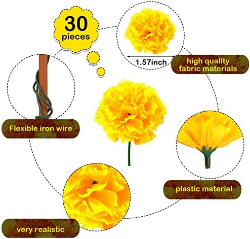 Waydress 30 Pcs Artificial Marigold Flowers Halloween,Black, Gold, Red