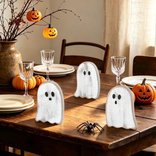 3Pcs Halloween Table Decorations Indoor, Farmhouse Halloween Cute Ghost Decorations, Rustic Ghost Table Centerpieces Signs Tiered Tray Decor for Home Mantel Shelf Office Party Supplies (White)