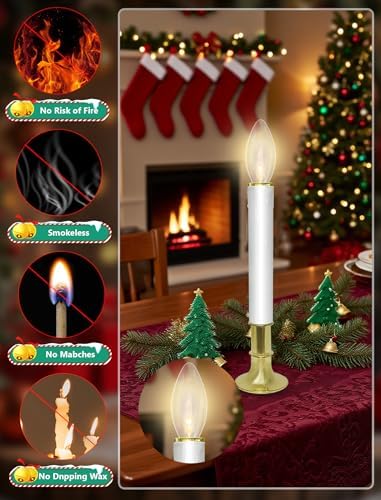 10 Pack Ultra-Bright LED Christmas Window Candles with Brass-Plated Base, Battery Operated Flameless Candles with LED C26 Warm White Bulbs Christmas Window Lights for Holiday Home Wedding Decorations
