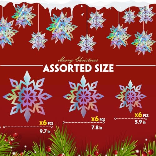 Crafare 18PCS Christmas Hanging Holographic Snowflake Ornamnets 3D Paper Snowflakes Garland Sparkly 3 Size for Winter Wonderland Holiday New Year Party Decoration