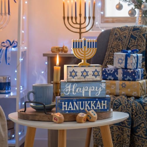 Lineshading 4 Pcs Hanukkah Decorations for Home Chanukah Table Decor Wooden Menorah Decoration Hanukkah Centerpiece