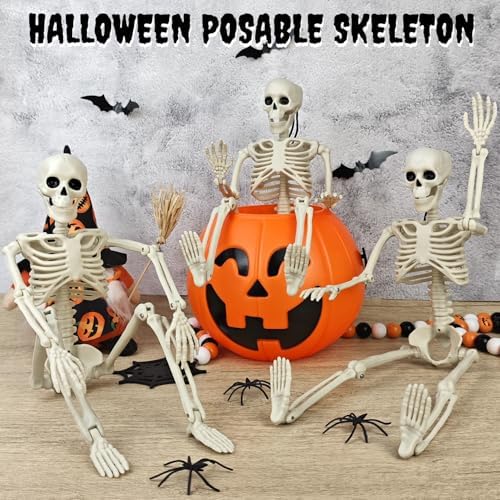 2 PCS 16" Halloween Posable Skeleton Decor, Scary Small Hanging Skull Props