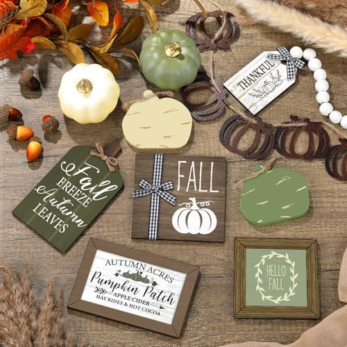 Reallnaive 18 Pcs Fall Thanksgiving Tiered Tray Decor Set Pumpkin Buffalo Plaid Wood Sign Hello Fall Rustic Farmhouse Neutral Tray Decoration Tabletop Sign for Autumn Home Kitchen Festival(Sage Green)