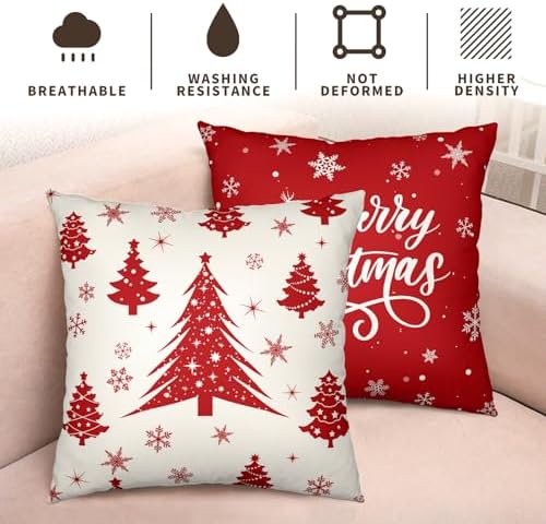 Red Christmas Throw Pillow Covers 16x16 Set of 2 Winter Xmas Tree Snowflake Outdoor Pillow Cases Merry Christmas Decorative Holiday Farmhouse Cushion Cover for Home Couch Sofa