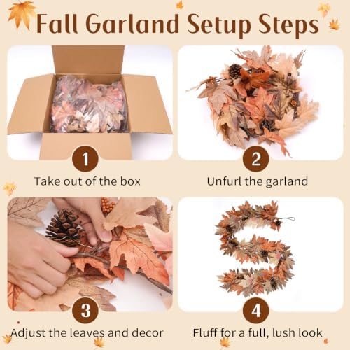 9 Ft Fall Garland with Lights & Timer, Thanksgiving Fireplace Mantel Decor