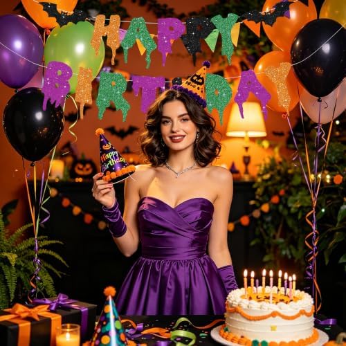 Glitter Happy Birthday Halloween Banner - NO DIY - Halloween Hanging Paper Garland Bunting Banner Decorations, Party Supplies for Kids Boy Girl Birthday Orange Green Purple
