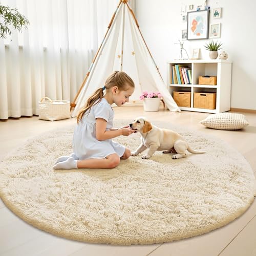 OLANLY Cream Round Rugs for Bedroom - Machine Washable, 6 ft Circle Area Rugs for Living Room, Soft and Fluffy Shaggy