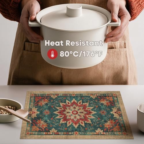 Artoid Mode Snowflakes Floral Ethnic Boho Christmas Placemats Set of 4, Washable Heat Resistant Non-Slip Plastic PVC Place Mats for Farmhouse Winter Holiday Party Kitchen Dining Decor