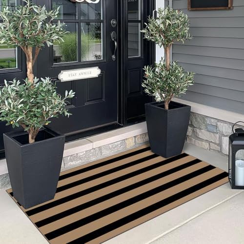 Front Door Mat Indoor Entrance - 2x4.3 Ft Black Tan Striped Rug