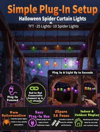 7FT Halloween Spider Curtain String Lights Plug-in 25 LED Decor