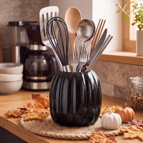 Beeveer 6.7 Inch Ceramic Pumpkin Vase, Large Black Pumpkin Utensil Holder