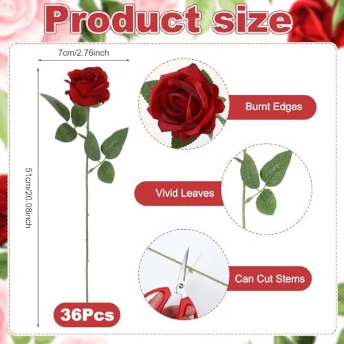 36 Pcs Burgundy Artificial Roses with Long Stems