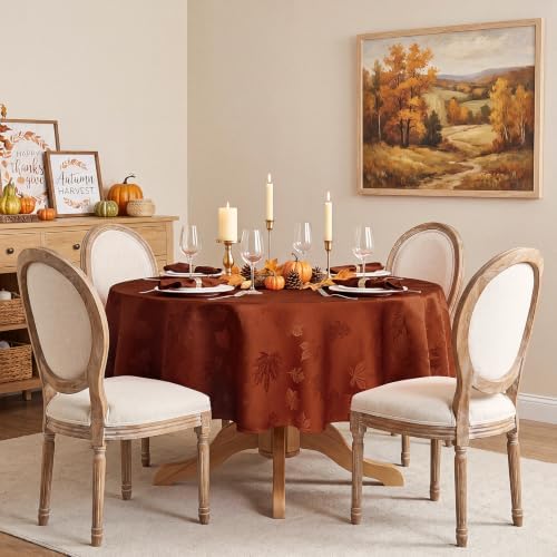 Softalker Fall Jacquard Round Tablecloth, 70 Inch Rust