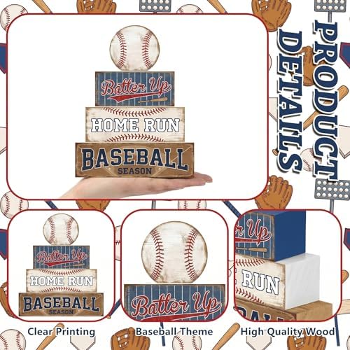 Britimes Baseball Tiered Tray Decor Set, 4 Pack, Wooden Table Sign