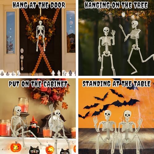 4 PCS 16'' Halloween Decor, Small Posable Plastic Skeletons Decorations