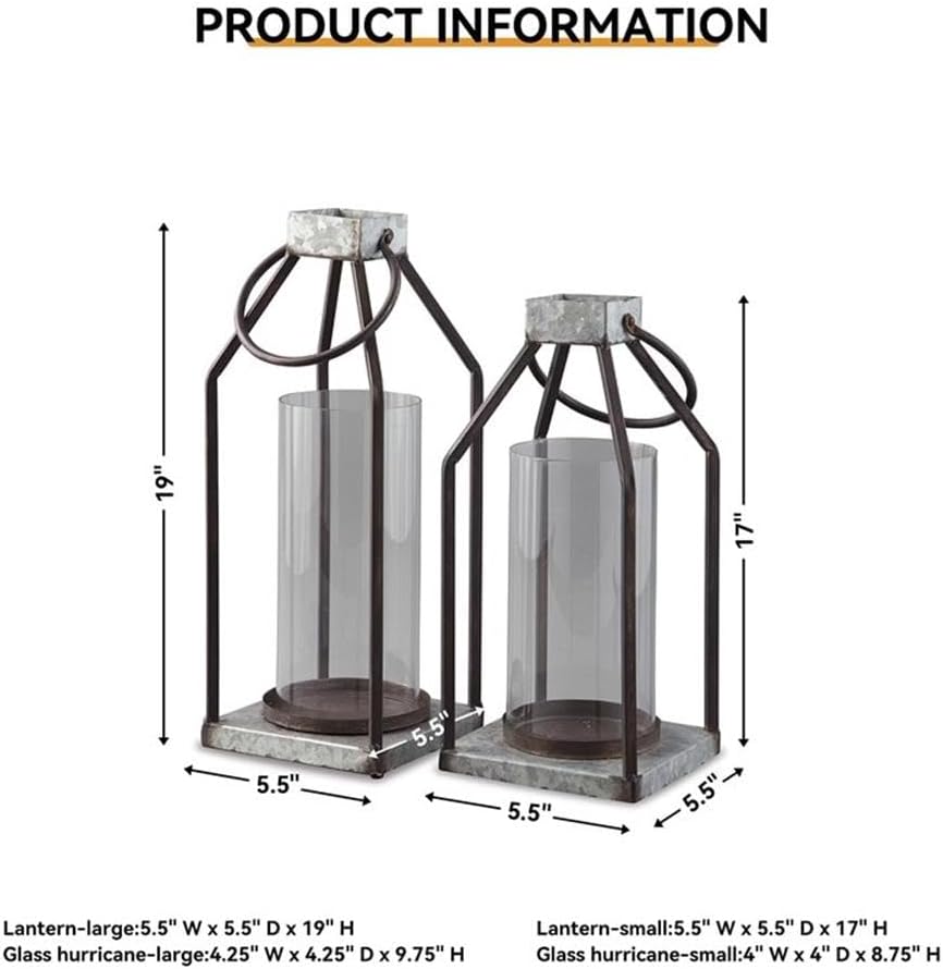Signature Design by Ashley Diedrick Rustic Lantern, Set of 2, Indoor/Outdoor, Galvanized Metal, Antiqued Finish, Glass