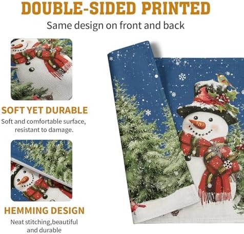 Blue Snowman Christmas Placemats Set of 4 Xmas Tree Cardinal Snowflakes Linen Table Mats Seasonal Winter Holiday Place Mats Washable Placemat for Party Kitchen Dining Outdoor Indoor Decor