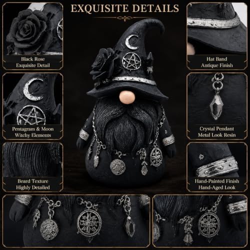 Gothic Witch Gnome Figurine Decor, Resin Witch Statue with Black Rose, Moon & Crystal Accents, Witch Decor for Shelf, Desk & Bookshelf, Dark Academia Home Decor