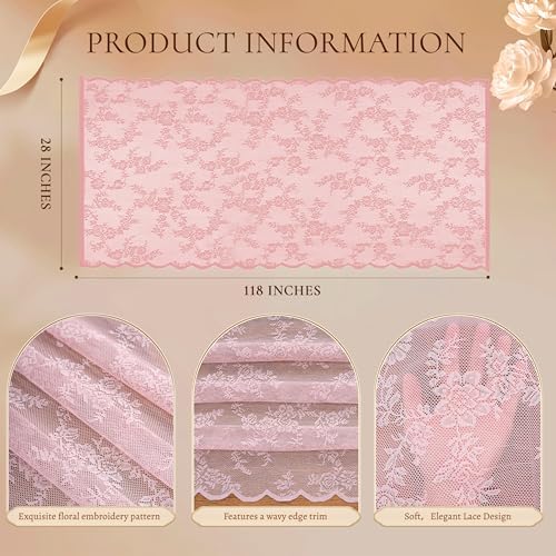 Pink Lace Table Runner with Floral Embroidered (3pcs, 28”x118”)