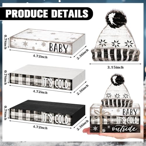 Geelin 4 Pcs Winter Tiered Tray Decorations Wooden Book Stack Signs, Rustic Farmhouse "baby It's Cold Outside" Holiday Winter Decor for Table Shelf Mantel Entryway Home Decorations