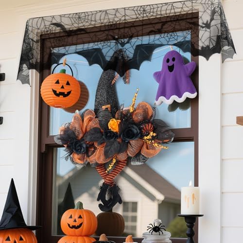 Halloween Wreath for Front Door, Witch Hat & Spiderweb Mantel Scarf Set