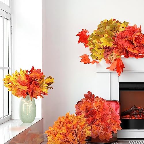 Tigeen 8Pcs Fall Leaves Faux Maple Leaves Stems Thanksgiving Decor, Vibrant
