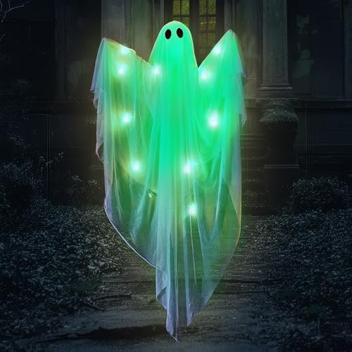 JOYIN Halloween Hanging Light up Ghost, 47" White Ghosts with Green LED Light and Timer Halloween Hanging Decoration Waterproof for Front Yard Patio LawnGarden Party Decor Indoor Outdoor