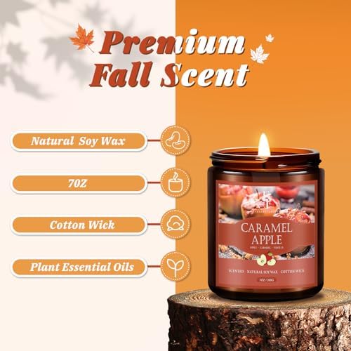 Fall Candle, Caramel Apple Scented Candles for Home, Natural Soy Autumn Candle Aromatherapy Candle, 7 oz Jar Candles
