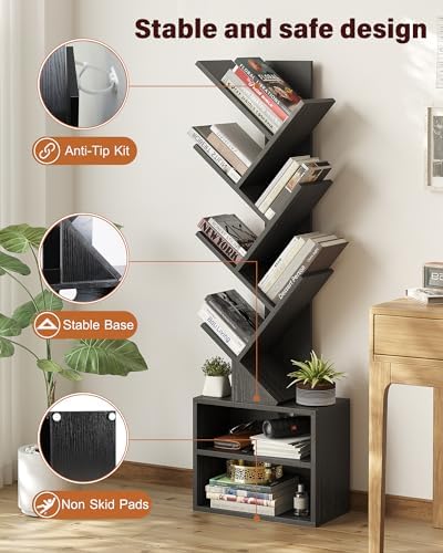 SUNMORY 6 Tier Tree Bookshelf, Tall Small Bookcase with Storage Cabinet