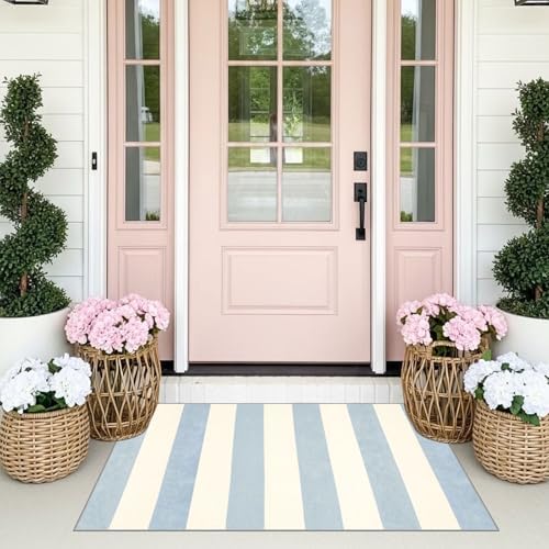 Blue White Striped Outdoor Rug - 28" x 43" Front Door Mat Indoor Outside Entrance Non-Slip Washable Summer Welcome Mat